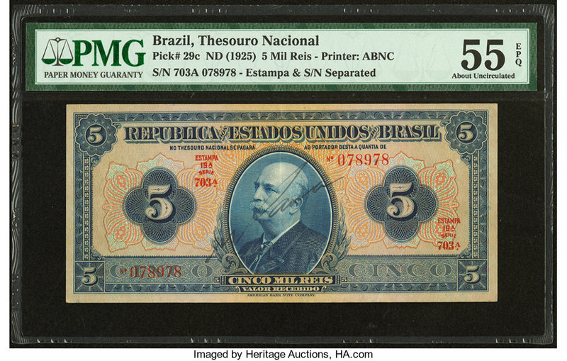 Brazil Thesouro Nacional 5 Mil Reis ND (1925) Pick 29c PMG About Uncirculated 55...
