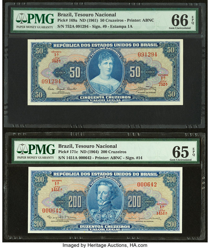 Brazil Tesouro Nacional 50; 200 Cruzeiros ND (1961); ND (1964) Pick 169a; 171c P...