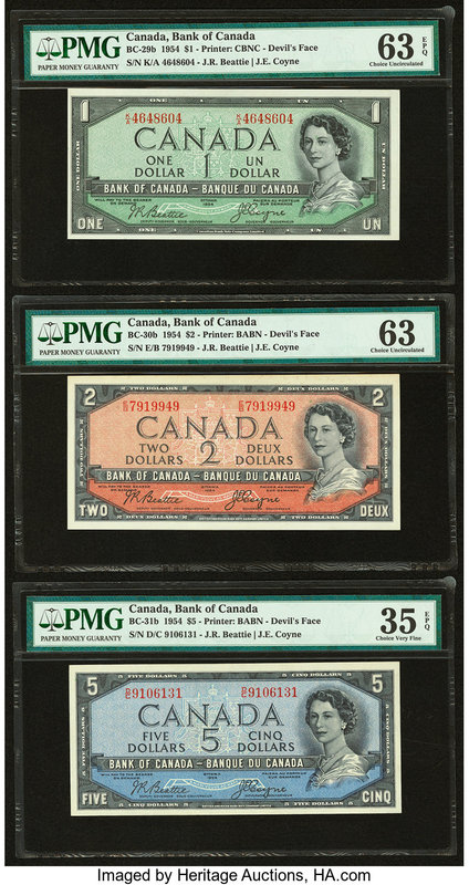 Canada Bank of Canada $ 1; 2; 5 1954 BC-29b; BC-30b; BC-31b Three Examples PMG C...