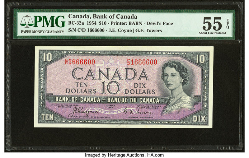 Canada Bank of Canada $10 1954 BC-32a Devil's Face with Fancy Serial Number PMG ...