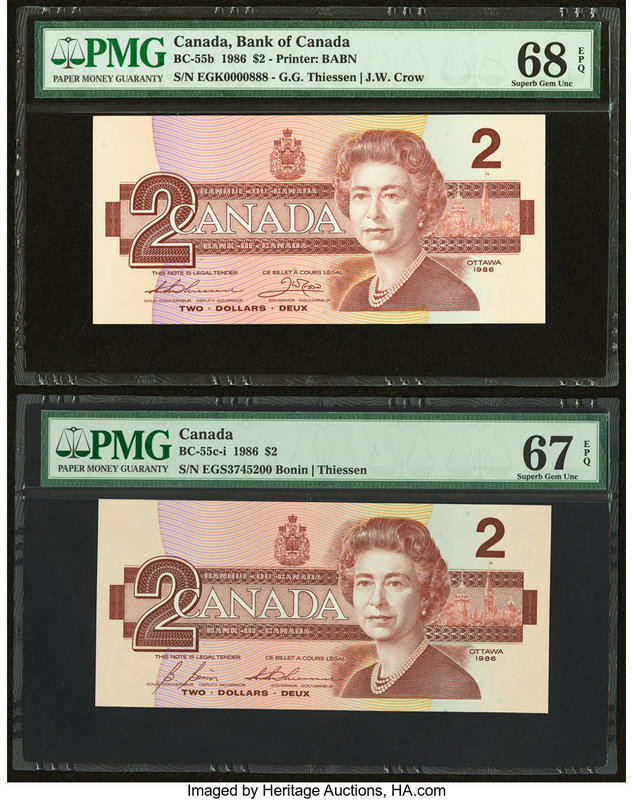 Canada Bank of Canada $2 1986 BC-55b; BC-55c-i Two Examples PMG Superb Gem Unc 6...