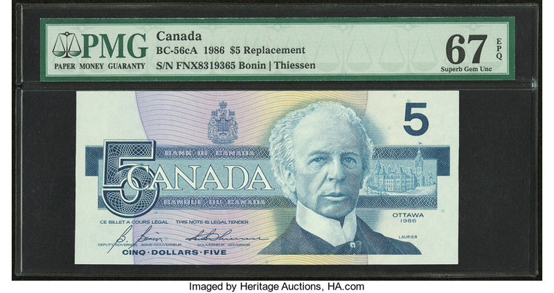 Canada Banque du Canada $5 1986 BC-56cA Replacement PMG Superb Gem Unc 67 EPQ. 
...