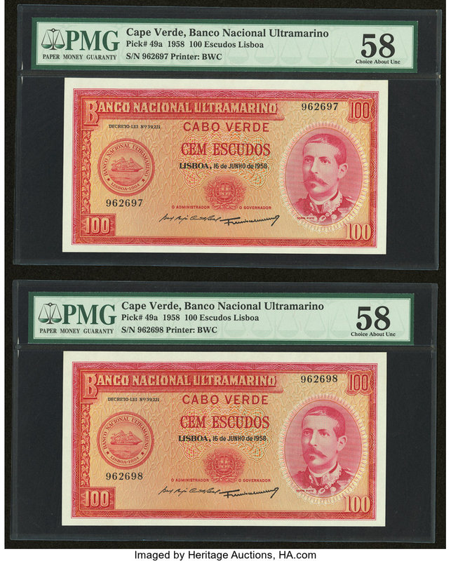 Cape Verde Banco Nacional Ultramarino 100 Escudos 16.6.1958 Pick 49a Two Consecu...