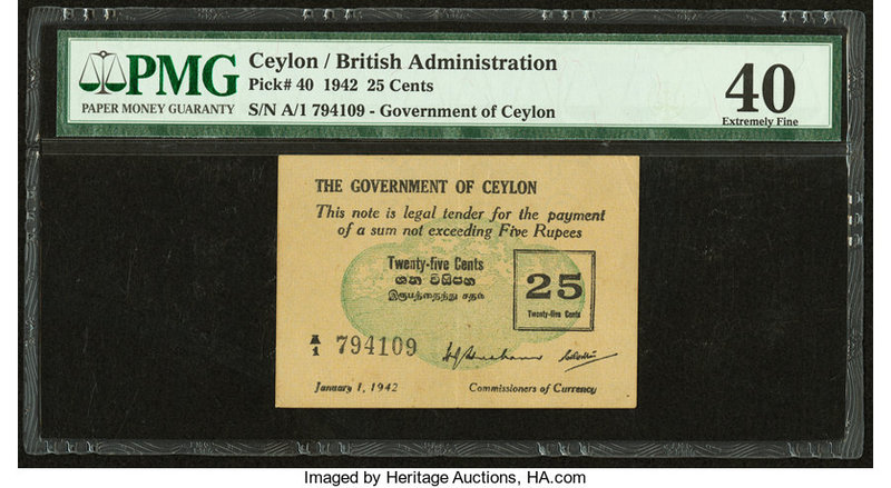 Ceylon Government of Ceylon 25 Cents 1.1.1942 Pick 40 PMG Extremely Fine 40. 

H...