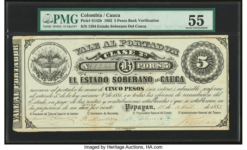 Colombia Billete del Estado 5 Pesos 15.4.1882 Pick S142b PMG About Uncirculated ...