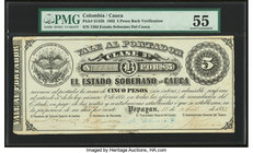 Colombia Billete del Estado 5 Pesos 15.4.1882 Pick S142b PMG About Uncirculated 55. Hand signed; discoloration.

HID09801242017