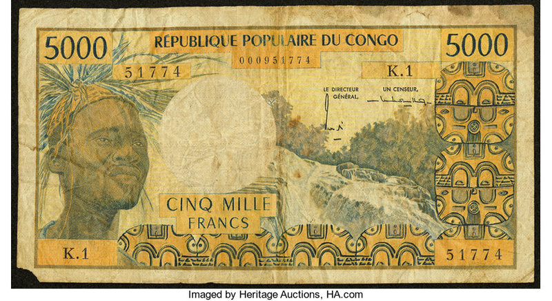 Congo Banque des Etats de l'Afrique Centrale 5000 Francs ND (1974) Pick 4a Very ...