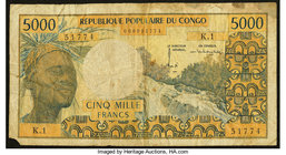 Congo Banque des Etats de l'Afrique Centrale 5000 Francs ND (1974) Pick 4a Very Good-Fine. There is a chip missing out of the lower left corner as wel...