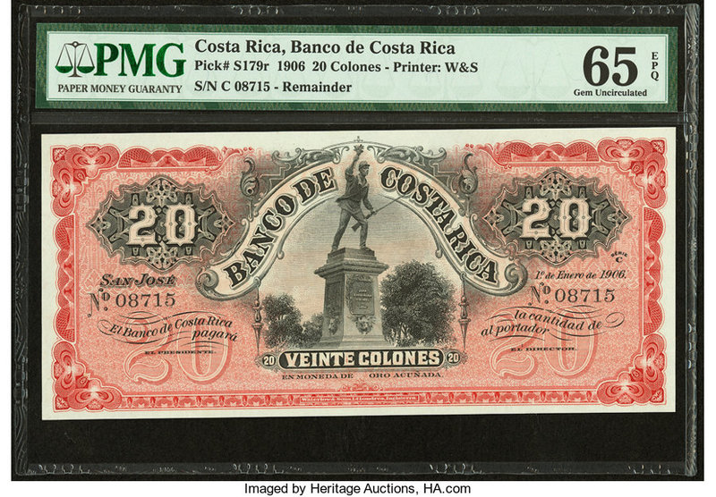 Costa Rica Banco de Costa Rica 20 Colones 1.1.1906 Pick S179r Remainder PMG Gem ...
