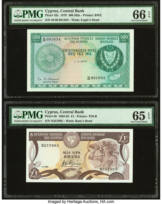 Cyprus Central Bank of Cyprus 1 Pound; 500 Mils 1.11.1982; 1.9.1979 Pick 50; 42c...