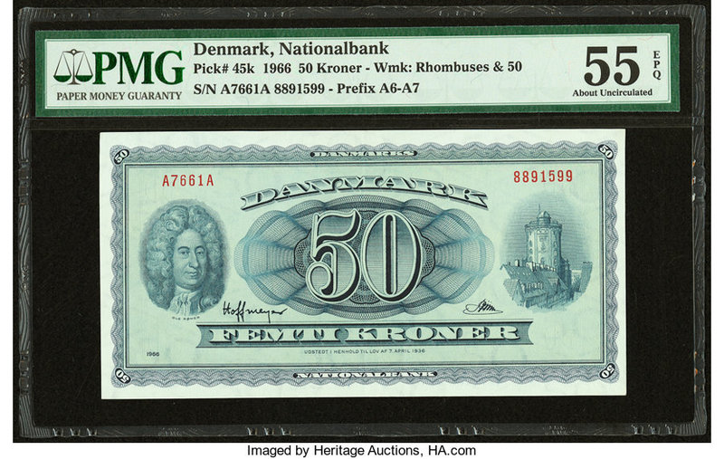 Denmark Nationalbank 50 Kroner 1966 Pick 45k PMG About Uncirculated 55 EPQ. Exce...