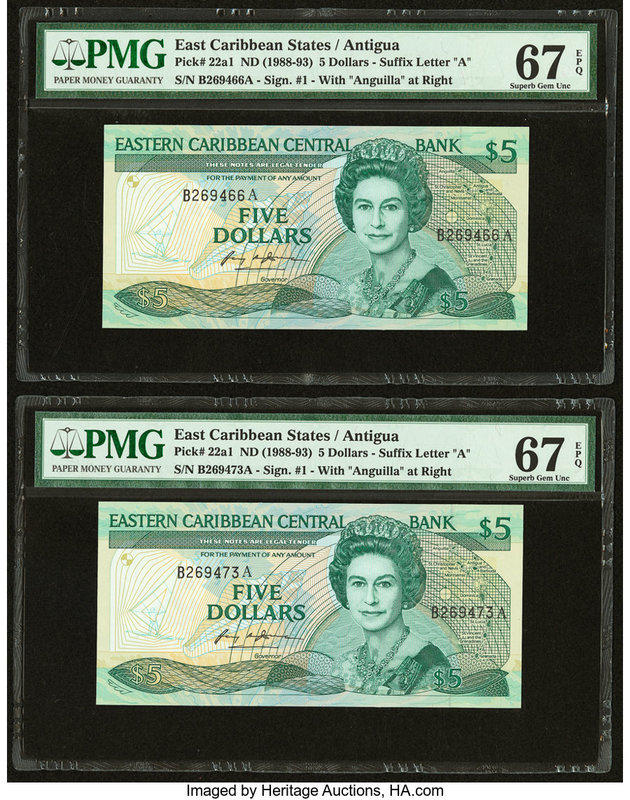 East Caribbean States Central Bank, Antigua 5 Dollars ND (1988-93) Pick 22a1 Two...