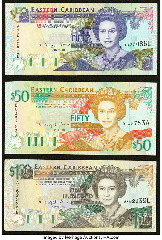 East Caribbean States Central Bank 50; 100 Dollars ND (1993) Pick 29l; 30l; 50 D...