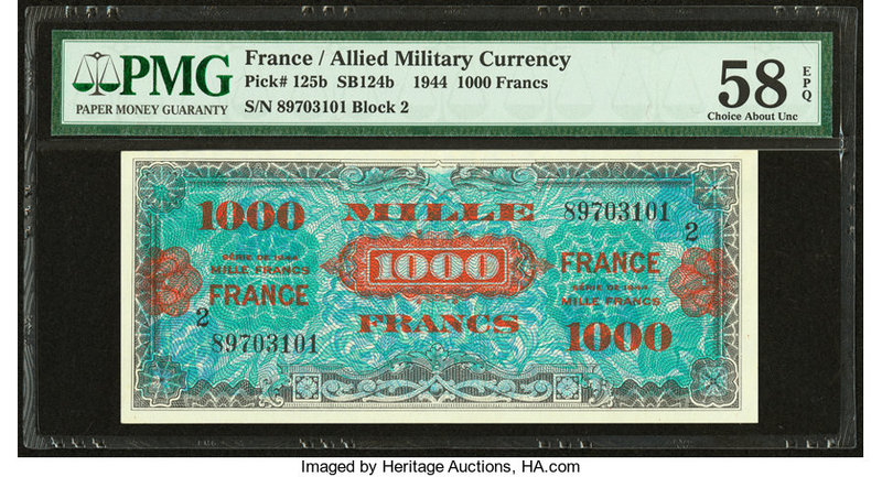France Allied Military Currency 1000 Francs 1944 Pick 125b SB124b PMG Choice Abo...