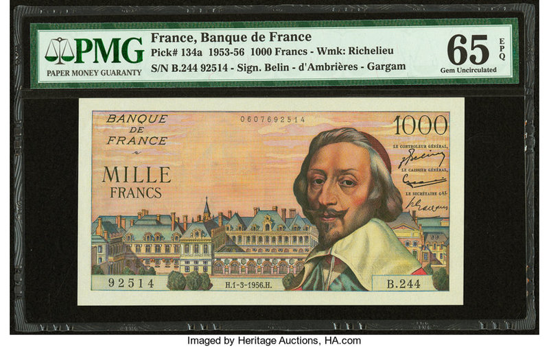 France Banque de France 1000 Francs 1.3.1956 Pick 134a PMG Gem Uncirculated 65 E...
