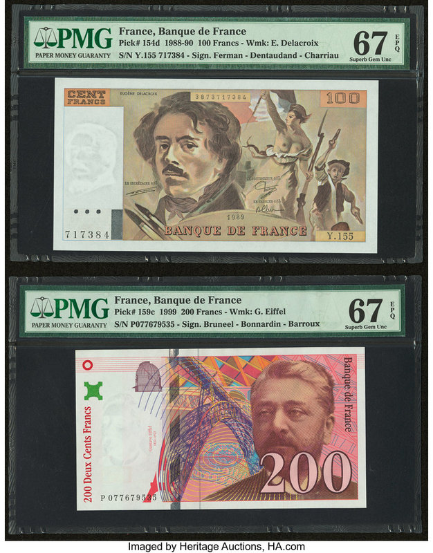France Banque de France 200; 100 Francs 1999; 1989 Pick 159c; 154d Two Examples ...
