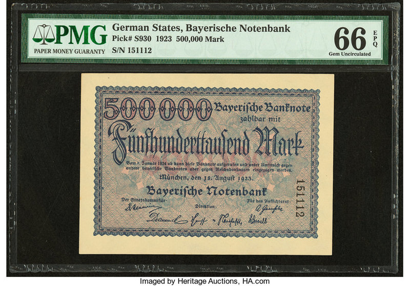German States Bayerische Notenbank 500,000 Mark 1923 Pick S930 PMG Gem Uncircula...