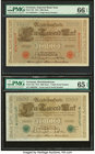 Germany Imperial Bank Note 1000 Mark 21.4.1910 Pick 44b PMG Gem Uncirculated 66 EPQ; Reichsbanknote 1000; 10,000 Mark 21.4.1910; 19.1.1922 Pick 45b; 7...