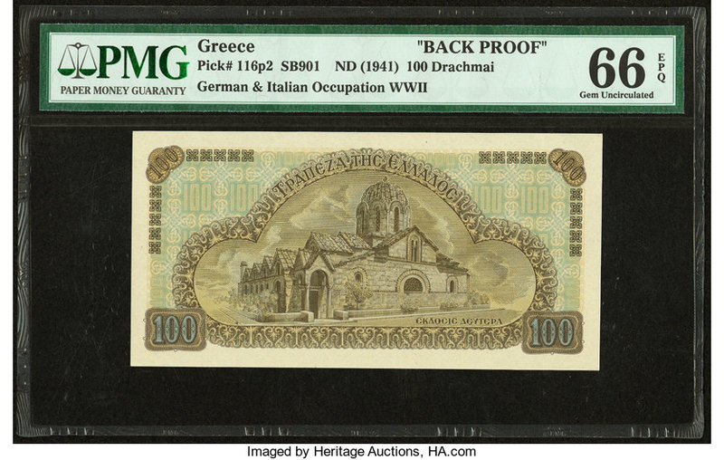 Greece German Occupation 100 Drachmai ND (1941) Pick 116p2 Back Proof PMG Gem Un...
