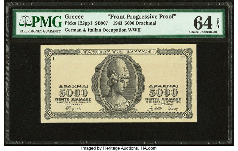 Greece German Occupation 5000 Drachmai 1943 Pick 122pp1 Front Progressive Proof ...