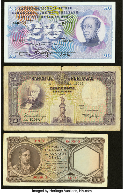 Greece Bank of Greece 1,000 Drachmai 14.11.1947 Pick 180b Very Fine; Portugal Ba...
