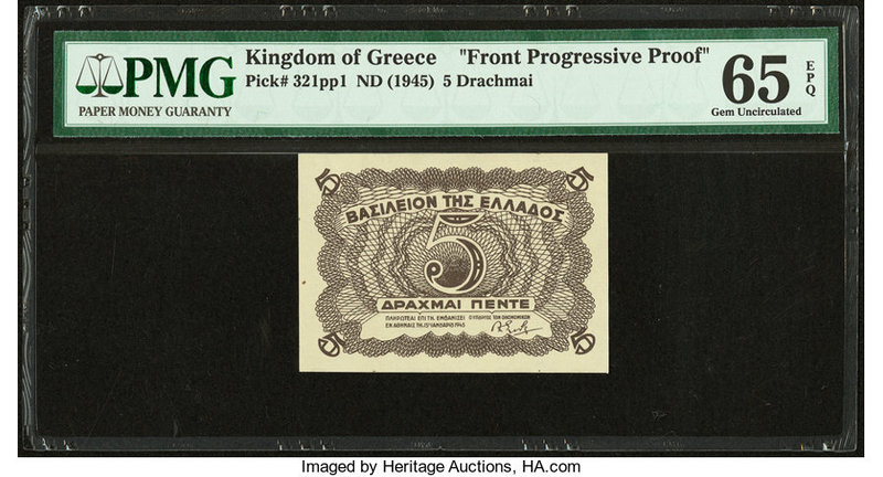 Greece Kingdom of Greece 5 Drachmai ND (1945) Pick 321pp1 Front Progressive Proo...
