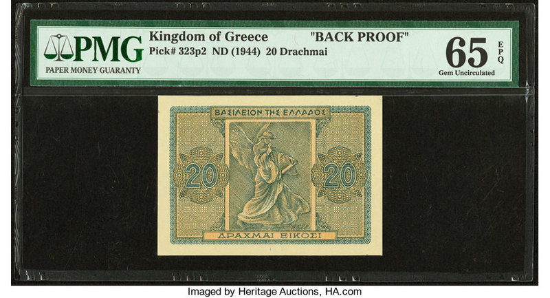 Greece Kingdom of Greece 20 Drachmai ND (1944) Pick 323p2 Back Proof PMG Gem Unc...