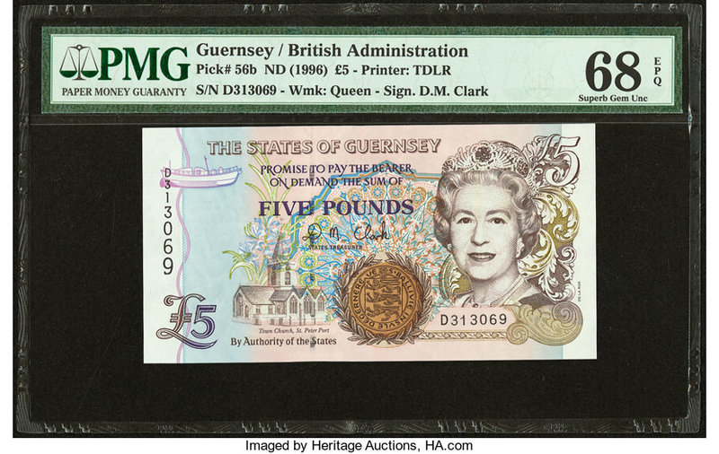 Guernsey States of Guernsey 5 Pounds ND (1996) Pick 56b PMG Superb Gem Unc 68 EP...