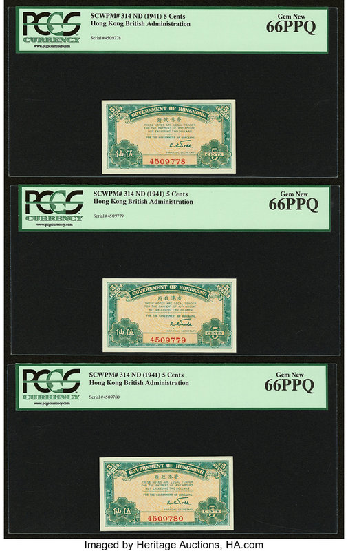 Hong Kong Government of Hong Kong 5 Cents ND (1941) Pick 314 KNB4 Three Consecut...