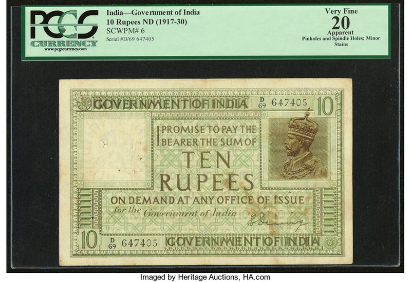 India Government of India 10 Rupees ND (1917-30) Pick 6 Jhun3.6A.1 PCGS Very Fin...