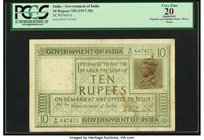 India Government of India 10 Rupees ND (1917-30) Pick 6 Jhun3.6A.1 PCGS Very Fine 20 Apparent. Pinholes and spindle holes; minor stains.

HID098012420...