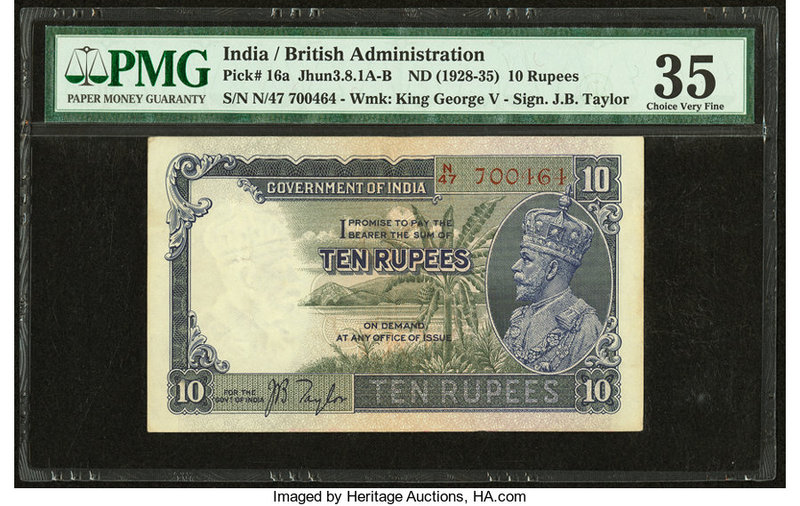 India Government of India 10 Rupees ND (1928-35) Pick 16a Jhun3.8.1A-B PMG Choic...
