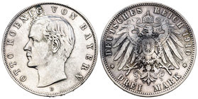Alemania. Bavaria. Otto I. 3 marcos. 1910. Munich. D. (Km-996). Ag. 16,66 g. MBC/MBC-. Est...20,00.