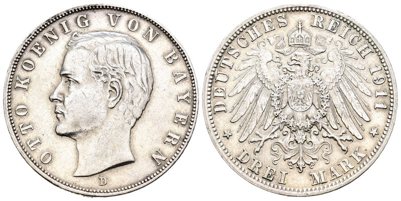 Alemania. Bavaria. Otto I. 3 marcos. 1911. Munich. D. (Km-996). Ae. 16,58 g. Lig...