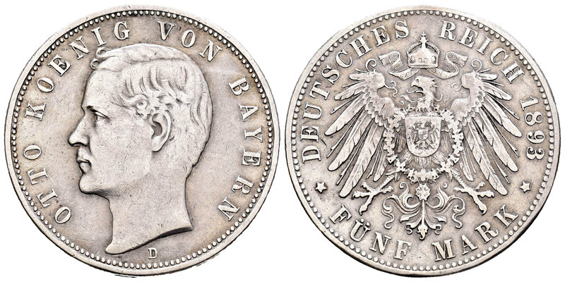 Alemania. Bavaria. Otto I. 5 marcos. 1893. Munich. D. (Km-915). Ag. 27,59 g. Esc...