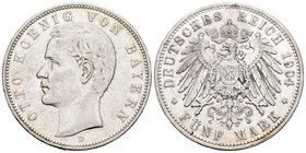 Alemania. Bavaria. Otto I. 5 marcos. 1904. Munich. D. (Km-915). Ag. 27,72 g. MBC+. Est...45,00.