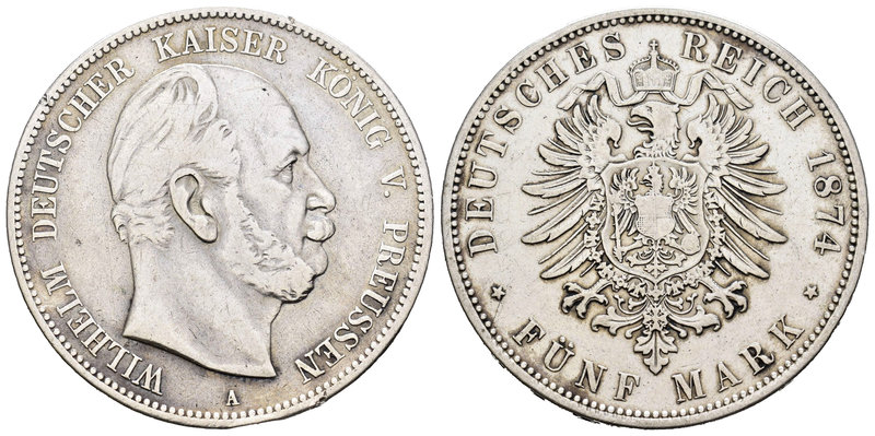 Alemania. Prussia. Wilhelm. 5 marcos. 1874. Berlín. A. (Km-503). Ag. 27,31 g. Li...