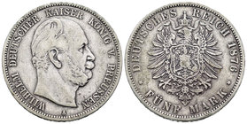 Alemania. Prussia. Wilhelm I. 5 marcos. 1876. Berlín. A. (Km-503). (Dav-786). Ag. 27,46 g. MBC-. Est...30,00.