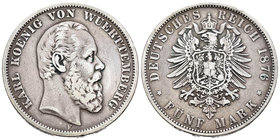 Alemania. Prussia. Wilhelm II. 5 marcos. 1876. Freudenstadt. F. (Km-623). Ag. 27,38 g. BC+. Est...35,00.