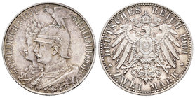 Alemania. Prussia. 2 marcos. 1901. (Km-25). Ag. 11,09 g. 200º Aniversario de reinado. Marquitas. EBC+/SC-. Est...45,00.