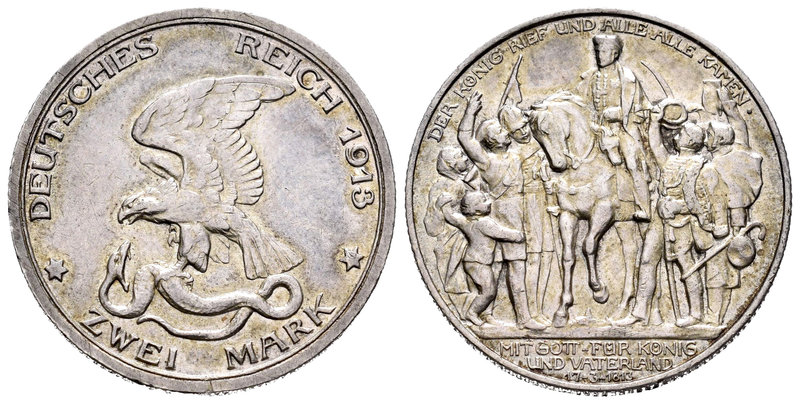 Alemania. Prussia. Wilhelm II. 2 marcos. 1913. (Km-532). Ag. 11,12 g. Centenario...
