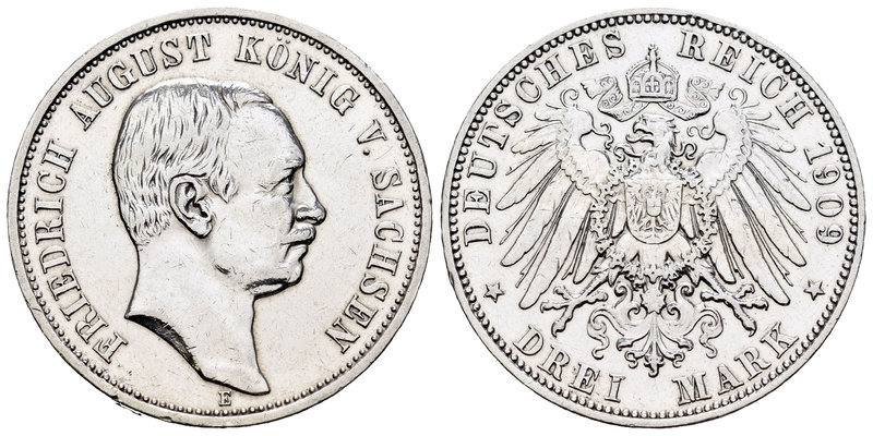 Alemania. Saxony. Friedrich August III. 3 marcos. 1909. Muldenhutten. E. (Km-126...