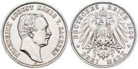 Alemania. Saxony. Friedrich August III. 3 marcos. 1909. Muldenhutten. E. (Km-1267). Ag. 16,62 g. Limpiada. EBC-. Est...25,00.