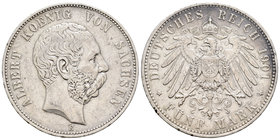Alemania. Saxony. Albert I. 5 marcos. 1901. Muldenhutten. E. (Km-1246). Ag. 27,64 g. Golpecitos. MBC+. Est...60,00.