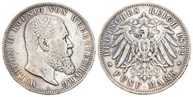 Alemania. Wurttemberg. Wilhelm II. 5 marcos. 1892. Freudenstadt. F. (Km-632). Ag. 27,59 g. Rayas. Escasa. MBC. Est...50,00.