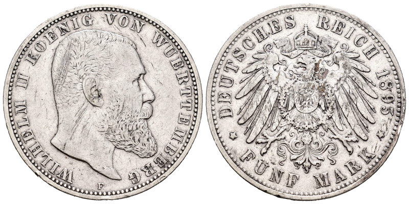 Alemania. Wurttemberg. Wilhelm II. 5 marcos. 1895. Freudenstadt. F. (Km-632). Ag...