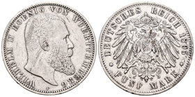 Alemania. Wurttemberg. Wilhelm II. 5 marcos. 1895. Freudenstadt. F. (Km-632). Ag. 27,57 g. Golpecitos en el canto. BC+. Est...25,00.