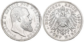 Alemania. Wurttemberg. Wilhelm II. 5 marcos. 1907. Freudenstadt. F. (Km-632). Ag. 27,65 g. Limpiada. MBC+. Est...30,00.
