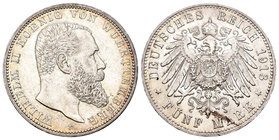 Alemania. Wurttemberg. Wilhelm II. 5 marcos. 1913. Freudenstadt. F. (Km-632). Ag. 27,68 g. Pequeñas marcas. EBC-. Est...60,00.
