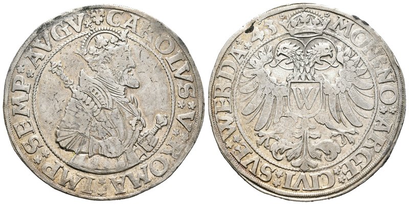 Alemania. Carlos V. 1 thaler. 1543. Donauworth. (Dav-9170). Ag. 28,78 g. Escasa....